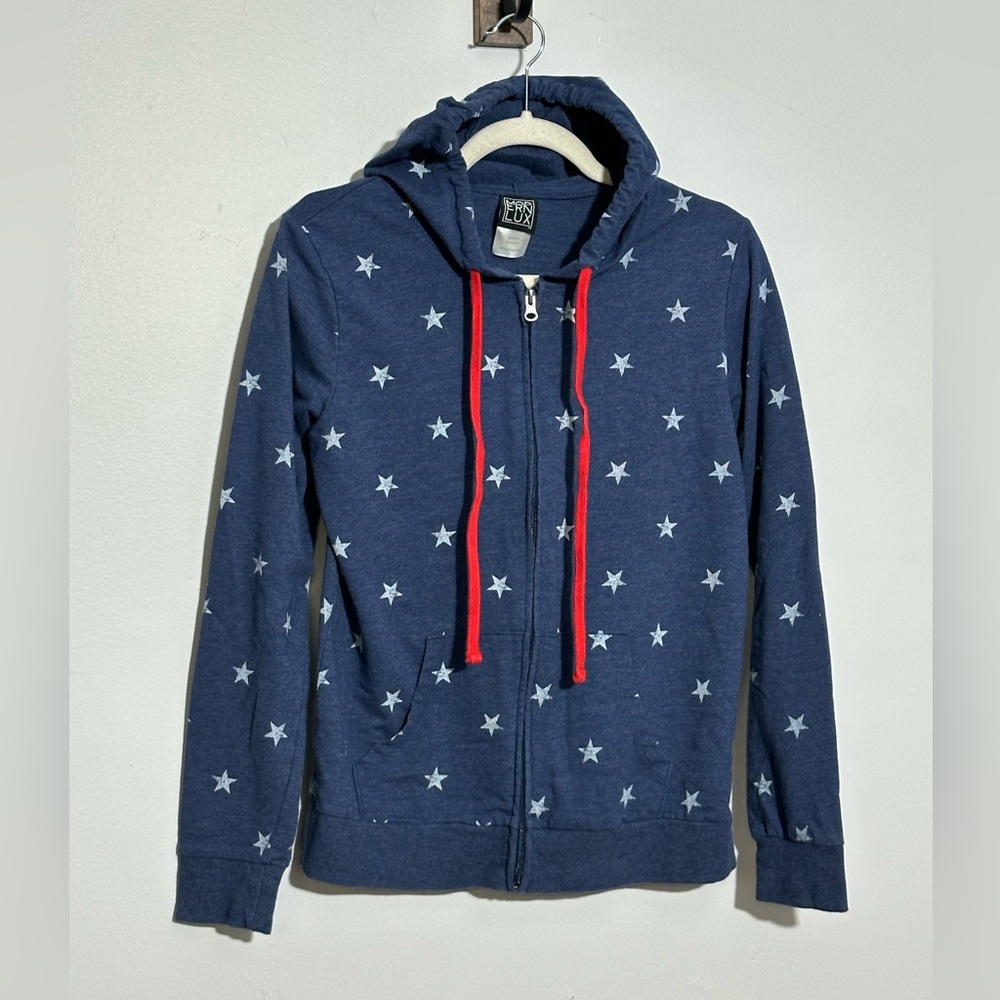 Modern Lux Women’s L Full Zip Sweatshirt Blue Hooded Star Print | SKU 0991